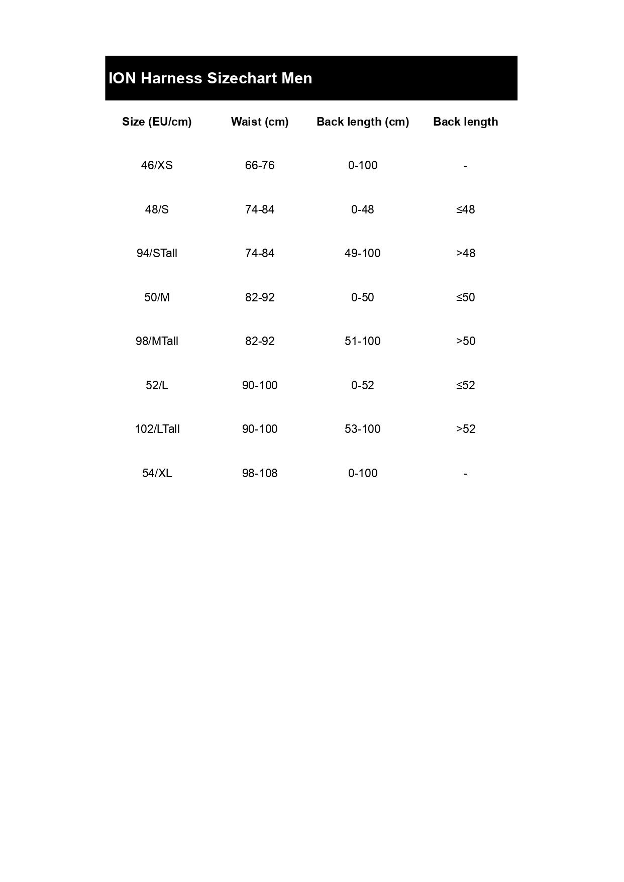Size table
