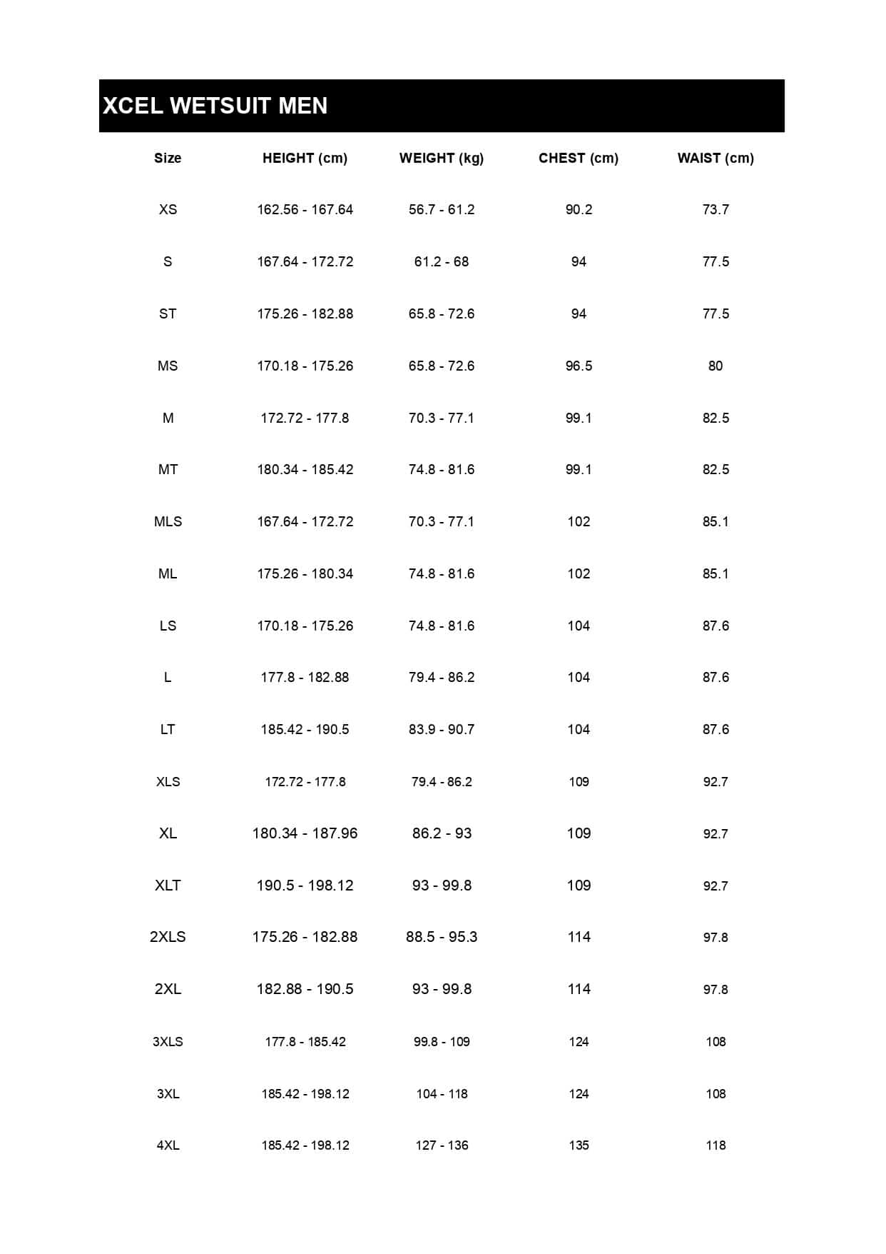 Size table