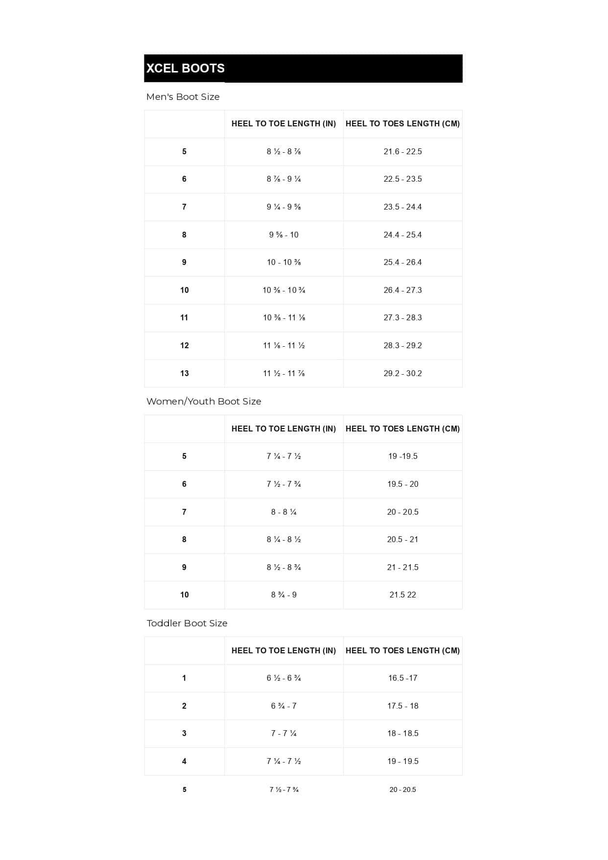 Size table