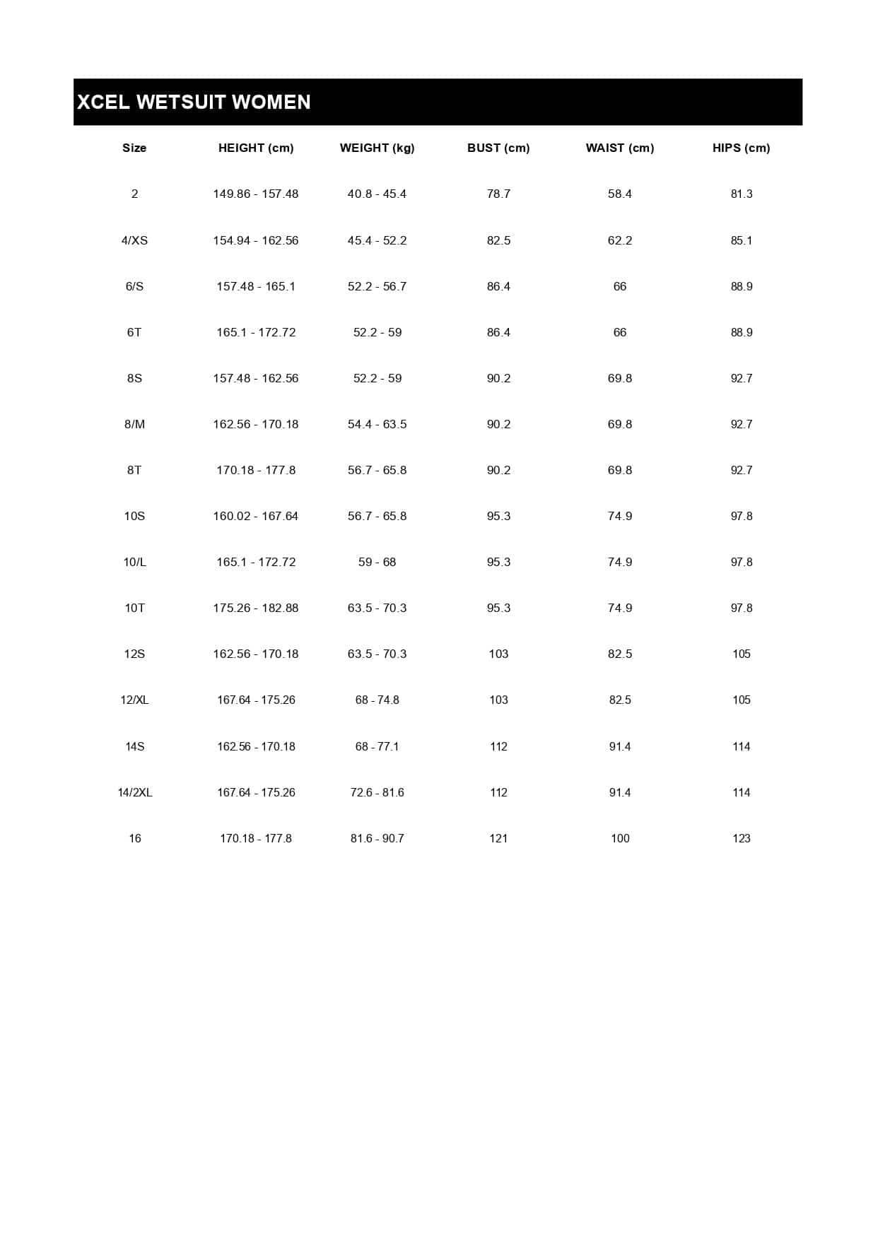 Size table