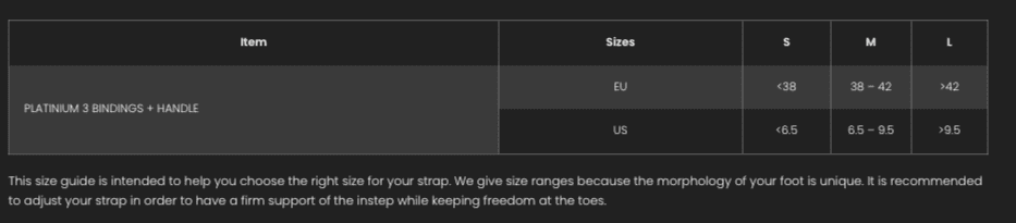 Size table