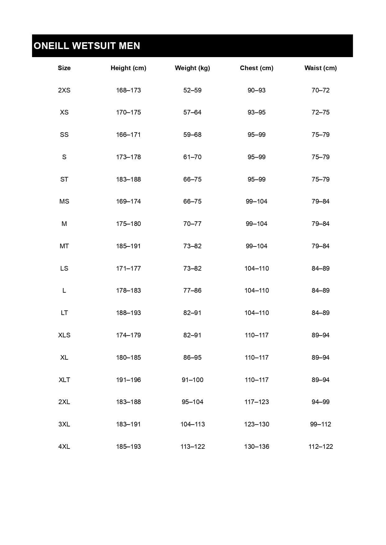 Size table