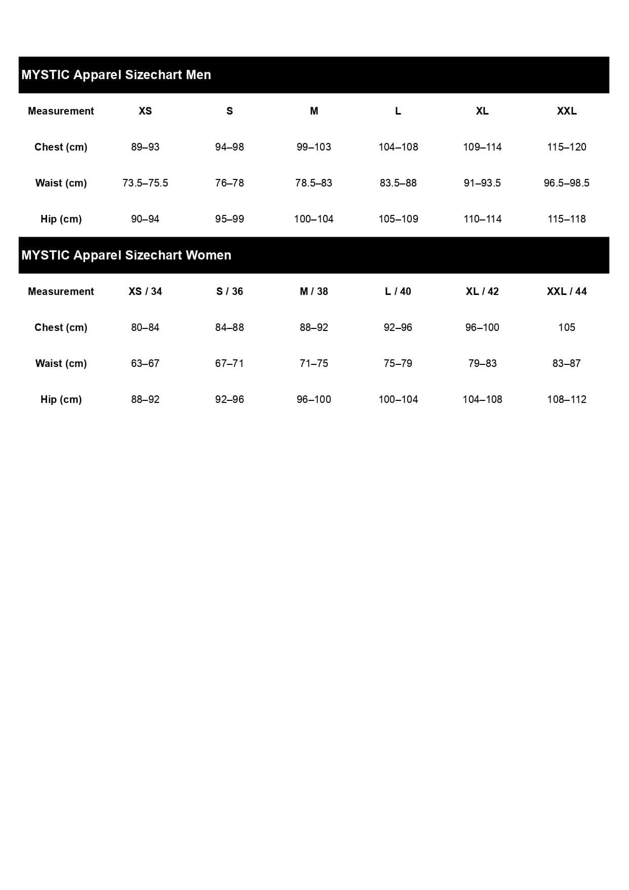 Size table